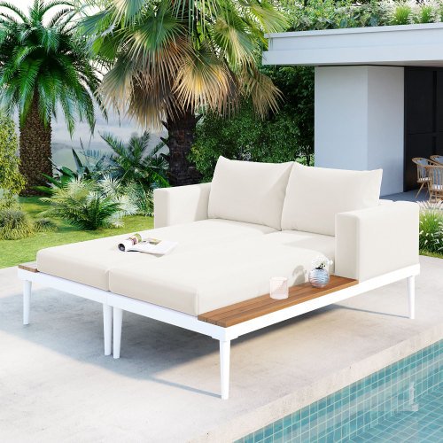 Beige 2-in-1 Metal Outdoor Daybed with Wood Side Spaces