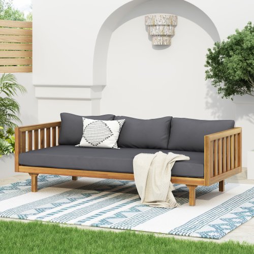 Dark Gray Acacia Wood 3-Seater Daybed with Water-resistant Cushions
