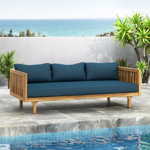 Teak 3-Seater Daybed with Slat Paneling & Water-resistant Cushions