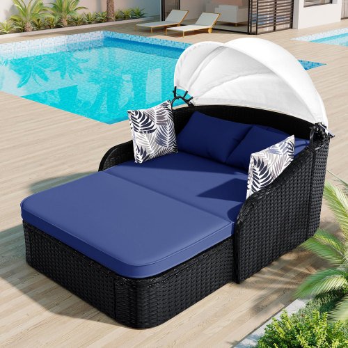 79.9" Outdoor Sunbed with Adjustable Canopy, Double lounge, PE Rattan Daybed, Black Wicker and Blue Cushion