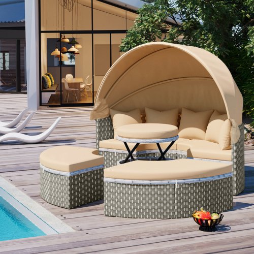 Rattan Daybed Two-Tone Weave Sunbed with Retractable Canopy, Separate Seating and Removable Cushion