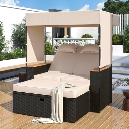 2-Piece Outdoor Rattan Daybed, Outdoor Bed with 5 Positions