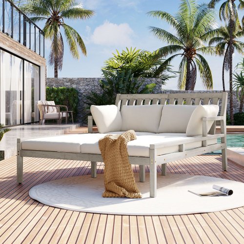 Outdoor Daybed, Patio Daybed with Four Pillows, Wooden Outdoor Bed with Curved Armrests for Poolside, Backyard, Garden (Gray+Beige Cushion)