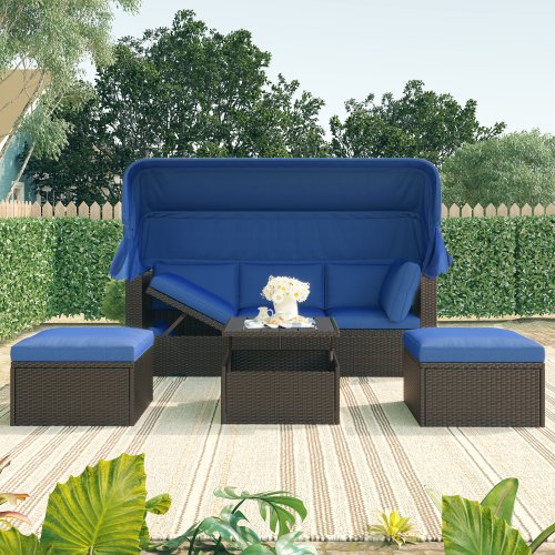 Wicker Rectangle Daybed with Retractable Canopy & Washable Cushions