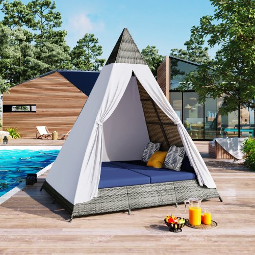 Gray&Blue Tent-shaped Wicker Sunbed with Cushions & Pillows
