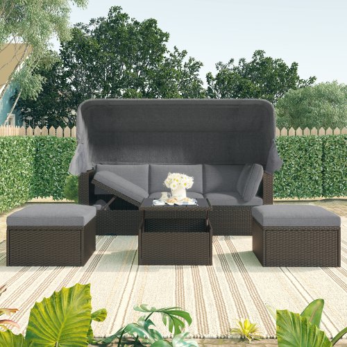 Wicker Daybed with Retractable Canopy & Washable Cushions