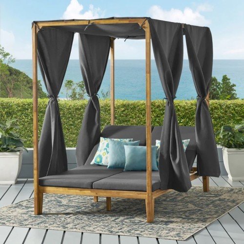 Teak Wood Daybed with Waterproof Curtains & Cushions