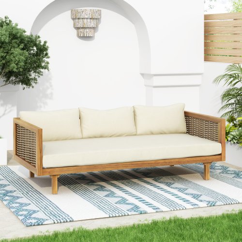 Teak Beige 3-Seater Daybed with Rattan Arms